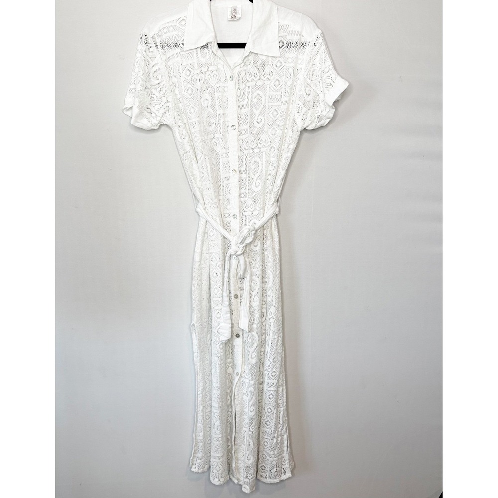 BECCA Swimsuit Lace Cover Up Size M White Button Front Belted Tunic Cotton